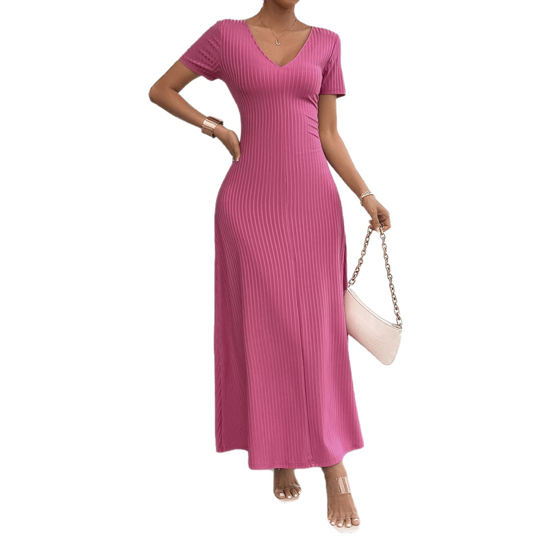 Damen Langarm Maxikleid mit elegantem V-Ausschnitt und Rippstruktur Drune