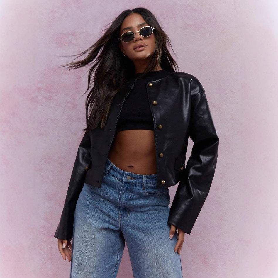 Damen Kunstlederjacke mit glänzendem Finish und dekorativen Knöpfen Drune