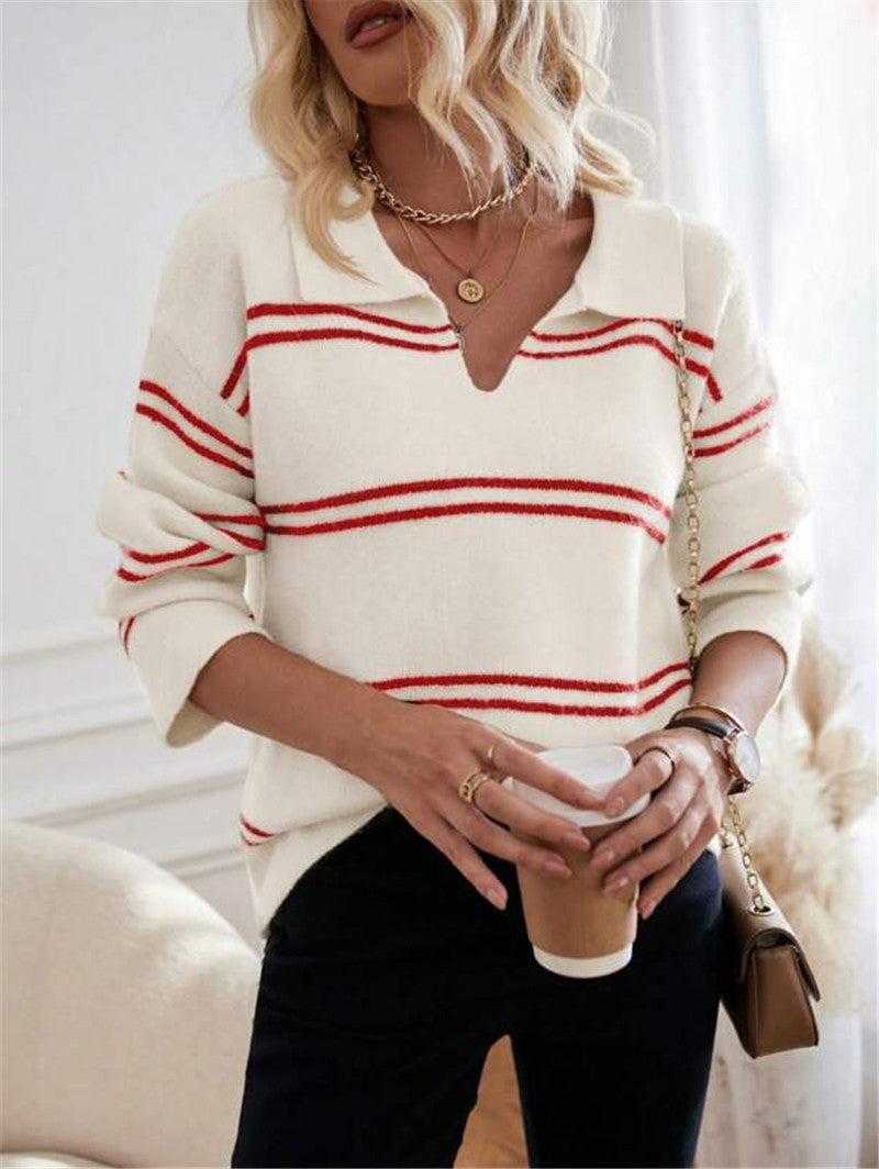 Damen lässiger Pullover mit Polo-Kragen und gestreiftem Design Drune