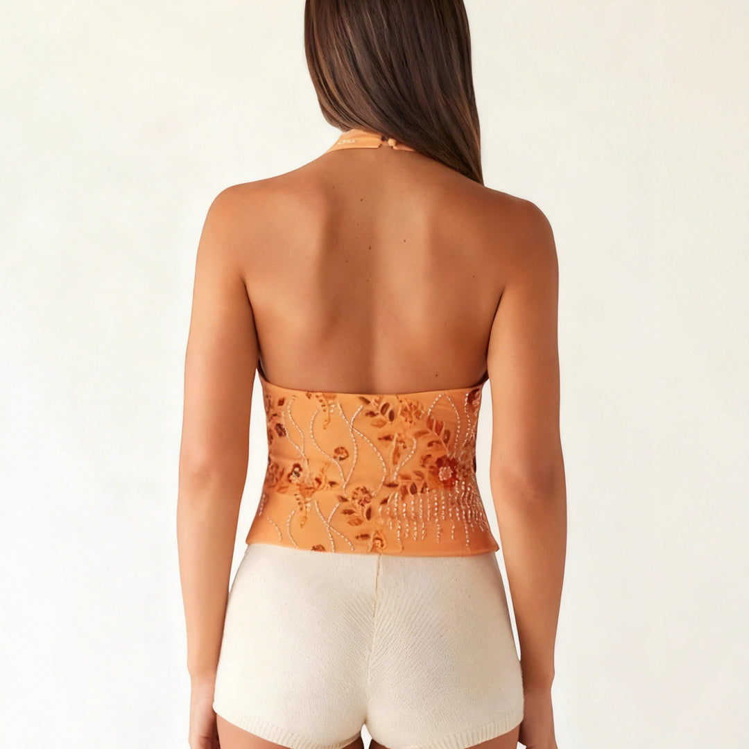 Damen Haltertops mit floralem Design und schimmernden Applikationen Drune
