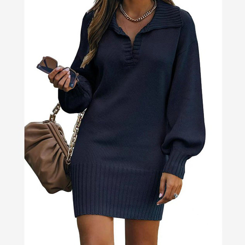 Damen nan schulterfreies Strickminikleid mit weitem V-Ausschnitt und Rippbund Drune