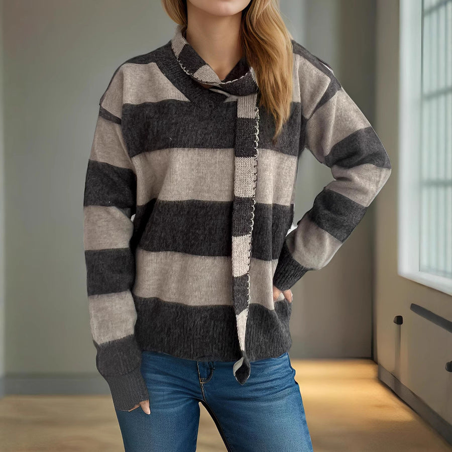 Damen lässiger Strickpullover mit modernem Streifenmuster und dekorativem Schal Drune