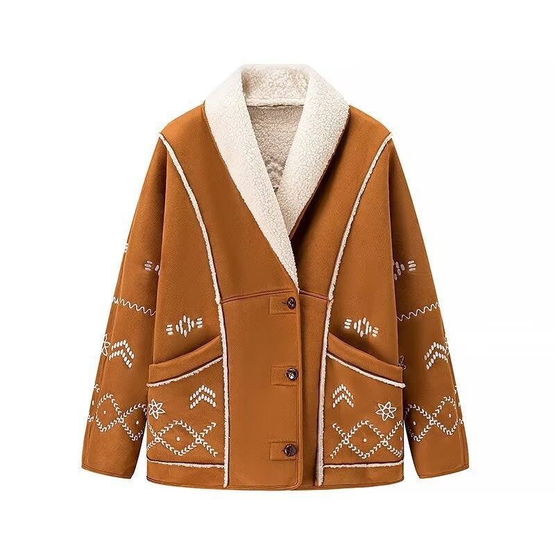 Damen Lässige und warme Teddyjacke mit Stickereien Drune