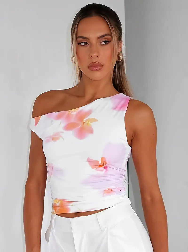 Damen Crop-Top mit floralem Design und schulterfreiem Schnitt Drune