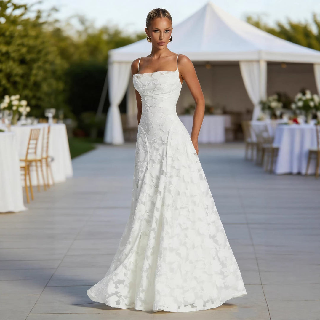 Damen Elegantes Maxikleid mit floralem Spitze-Design und verstellbaren Spaghettiträgern Drune