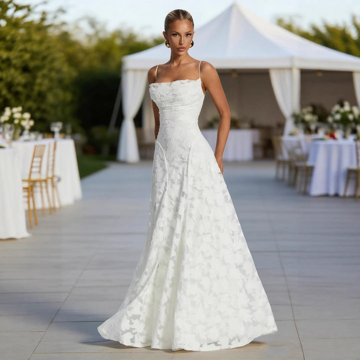 Damen Elegantes Maxikleid mit floralem Spitze-Design und verstellbaren Spaghettiträgern Drune