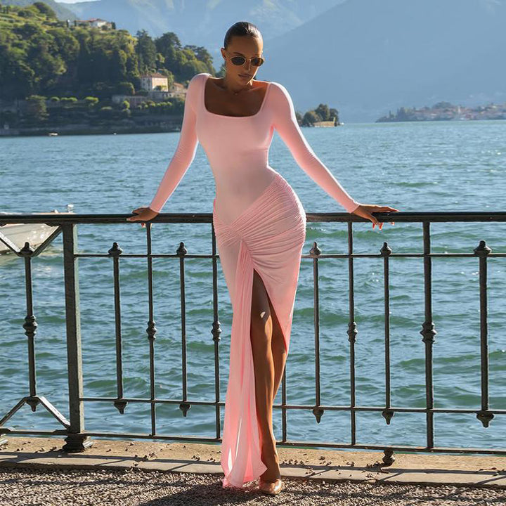 Damen figurbetontes Langarmkleid mit asymmetrischem Schlitz und Drapierungen Drune