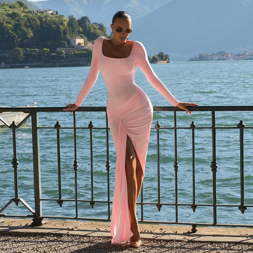 Damen figurbetontes Langarmkleid mit asymmetrischem Schlitz und Drapierungen Drune