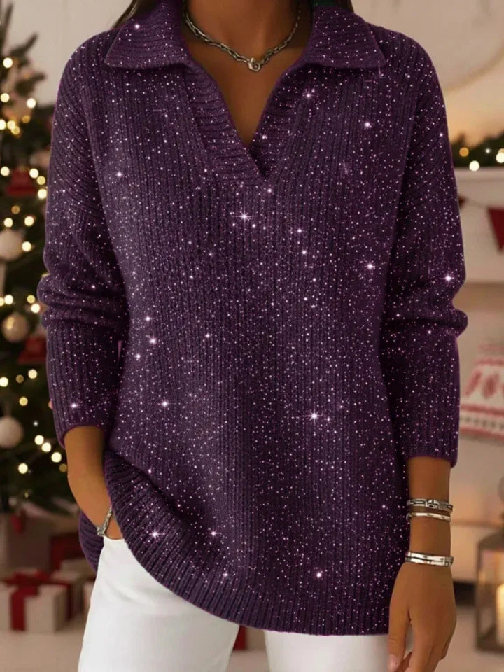 Damen schimmernder Strickpullover mit modernem Kragen Drune