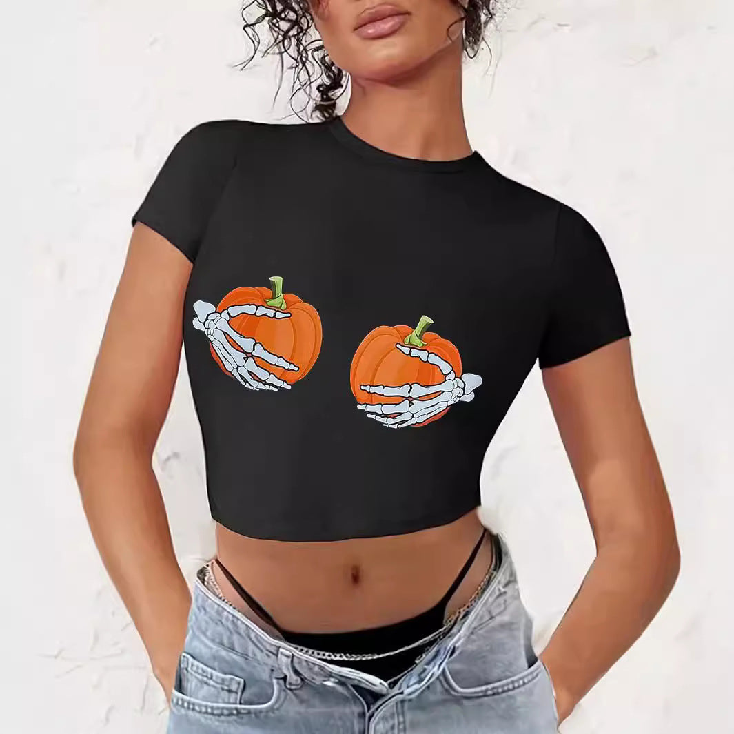 Damen Crop-T-Shirt mit kreativem Comic-Motiv Drune