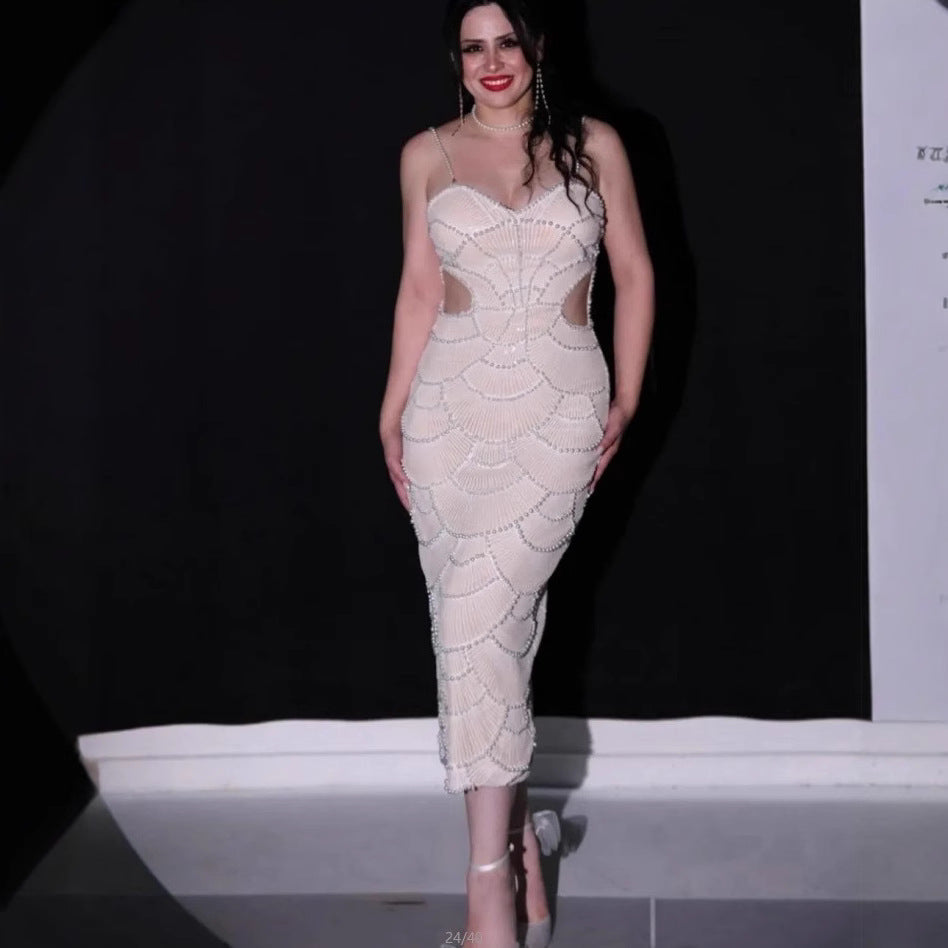 Damen Elegantes Midi-Kleid mit rückseitigen Cut-Outs und dekorativem Wellendesign Drune