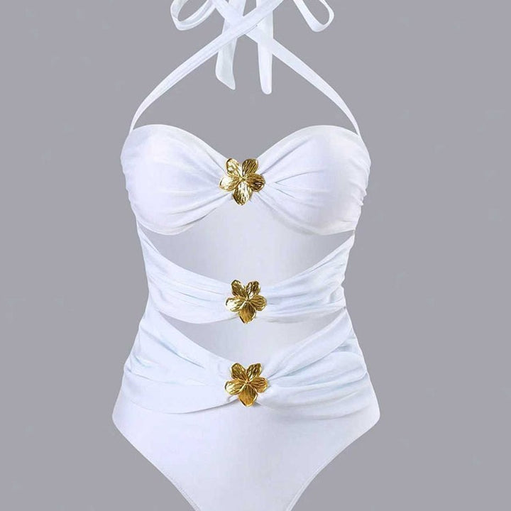 Damen Einteiler Badeanzug mit modischem Wickeldesign und goldenen Akzenten Drune
