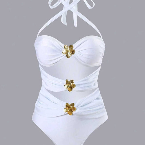 Damen Einteiler Badeanzug mit modischem Wickeldesign und goldenen Akzenten Drune