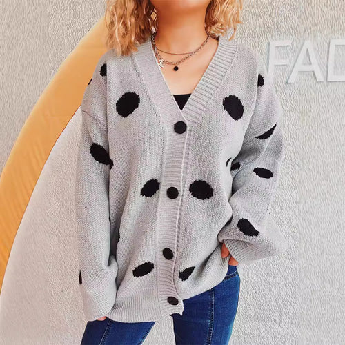 Damen lässige Strickjacke mit modernen Punkten und voluminösen Ärmeln Drune