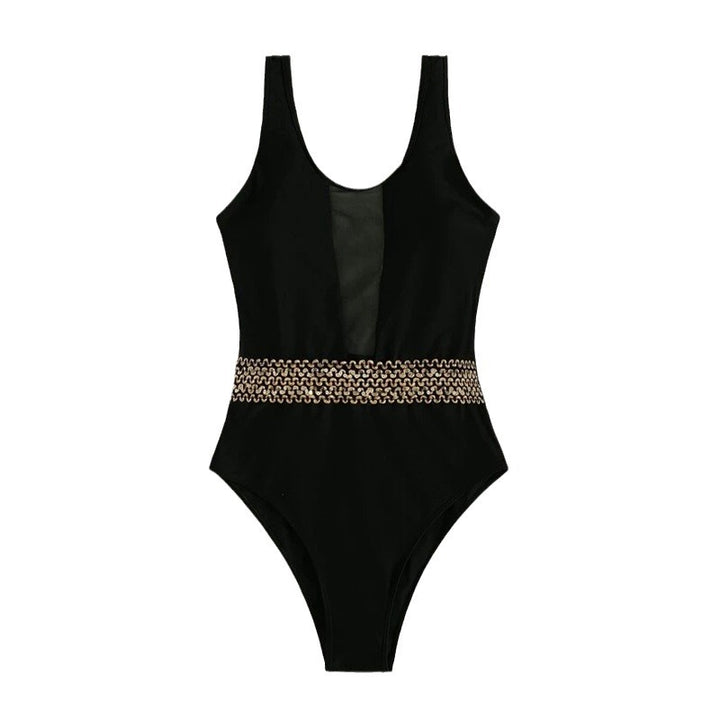 Damen Einteiliger Badeanzug mit transparentem Einsätzen und glamourösem Gürtel Drune