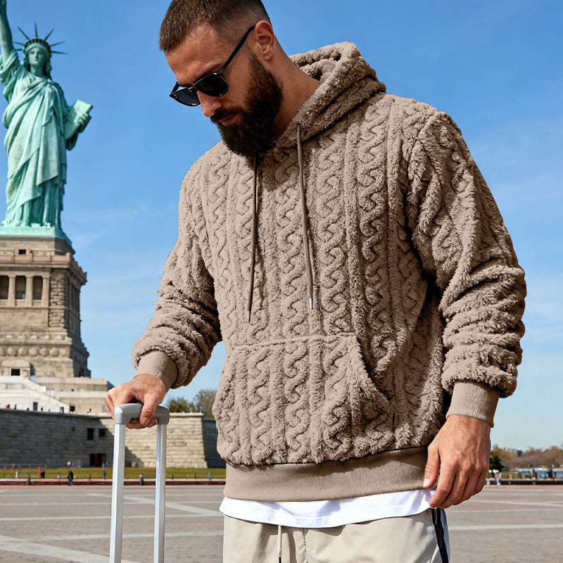 Herren nan Kuscheliger Sherpa-Hoodie mit Zopfmuster, Kängurutasche und Rippbündchen Drune
