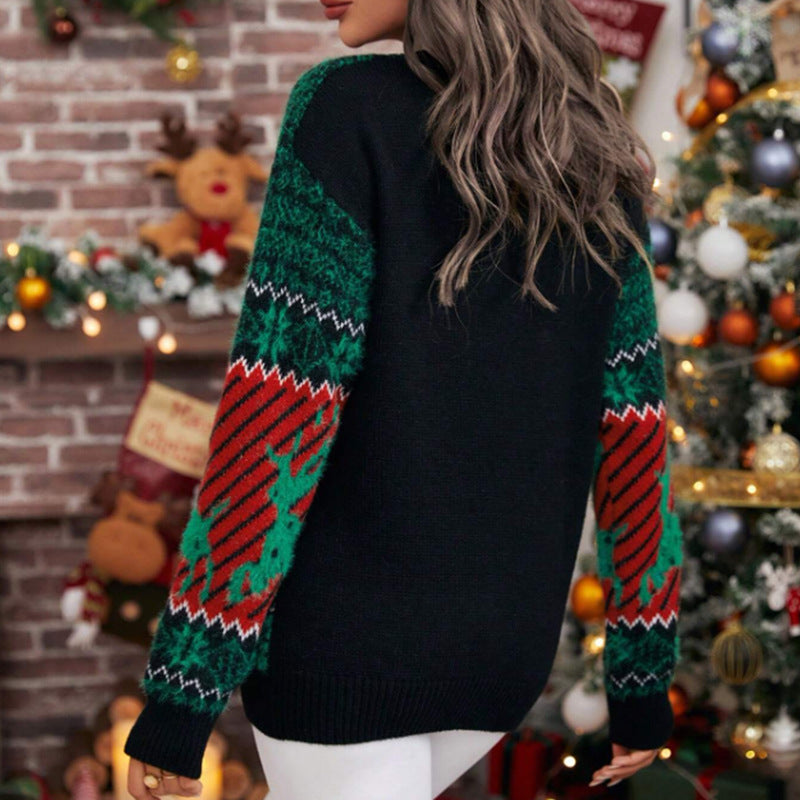 Damen festlicher Weihnachts-Strickpullover mit Raubtier-Muster und lässigem Schnitt Drune