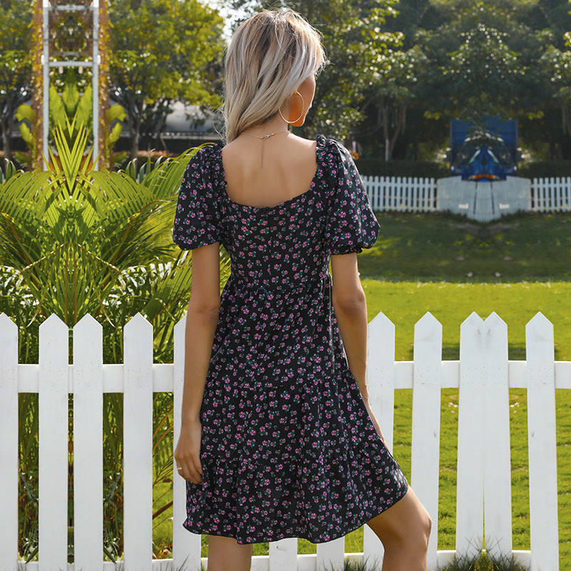 Damen Retro Blümchenkleid mit weiten Puffärmeln und voluminösem Rock Drune