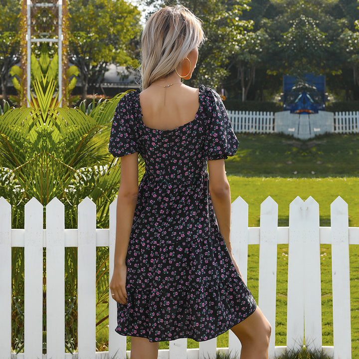 Damen Retro Blümchenkleid mit weiten Puffärmeln und voluminösem Rock Drune