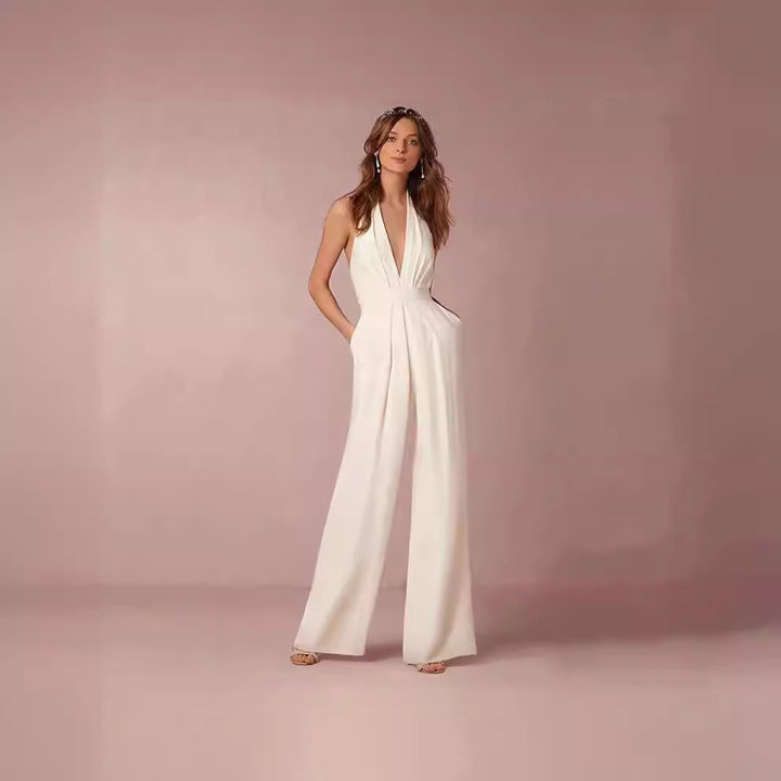 Damen Eleganter Jumpsuit mit tiefem V-Ausschnitt und weitem Bein Drune