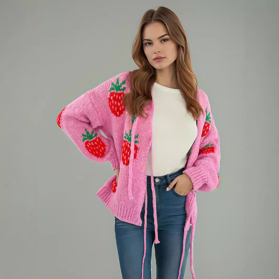 Damen kuscheliger Pullover mit fruchtigem Erdbeer-Motiv Drune