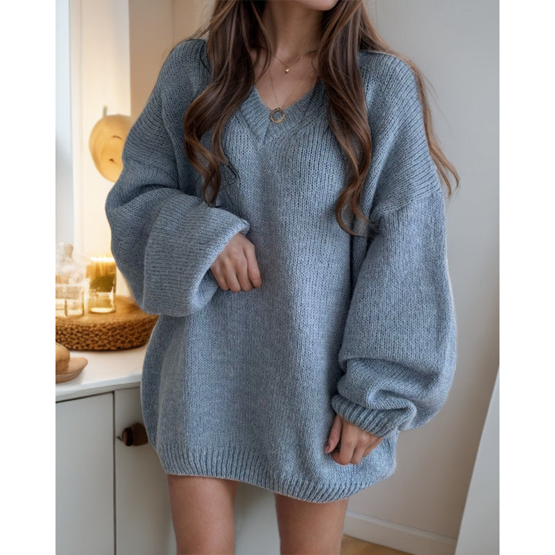 Damen Übergroßer Strickpullover mit V-Ausschnitt und weiten Ärmeln Drune