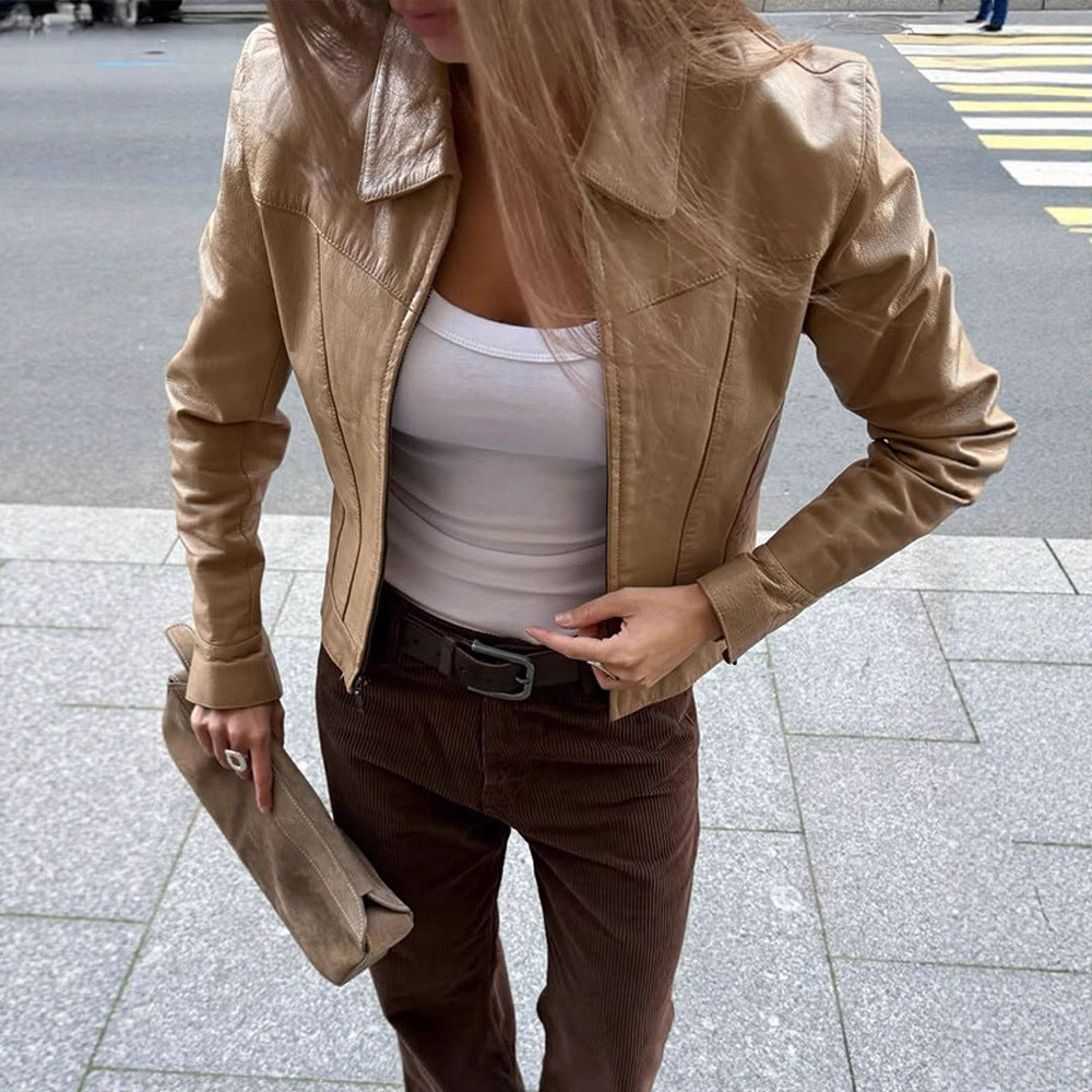 Damen elegante Kunstlederjacke mit klassischem Kragen Drune