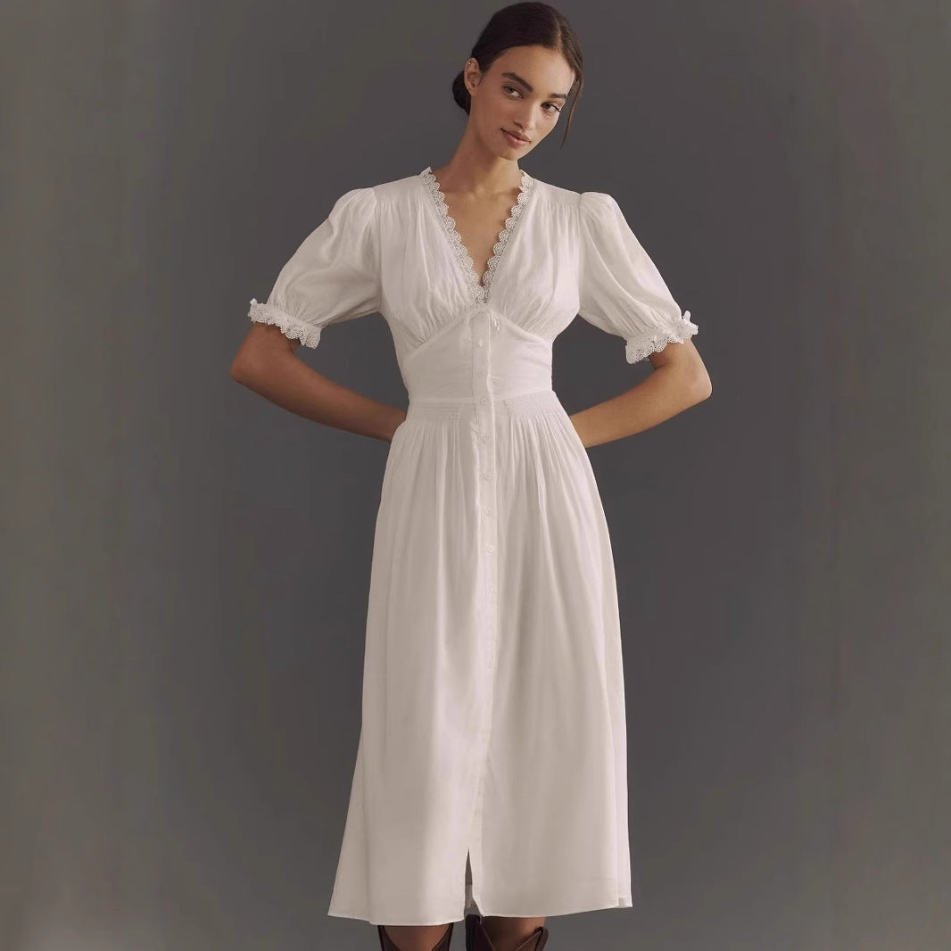 Damen elegantes Midi-Kleid mit Puffärmeln und Knopfleiste Drune