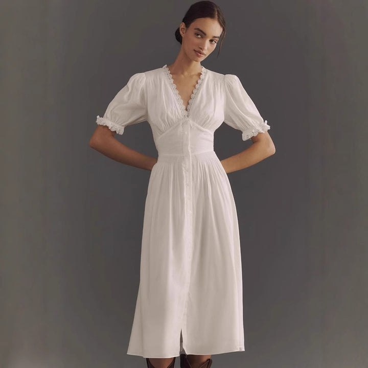 Damen elegantes Midi-Kleid mit Puffärmeln und Knopfleiste Drune