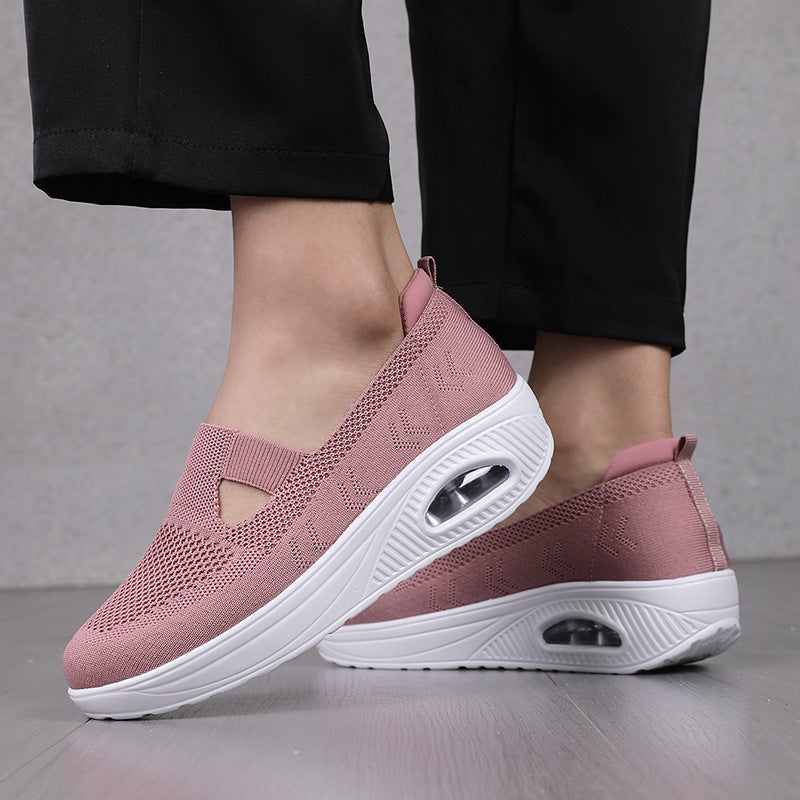 Damen nan Komfort-Slipper mit sichtbarer Luftkissenkeilsohle atmungsaktivem Strick und elastischem V-Einsatz Drune