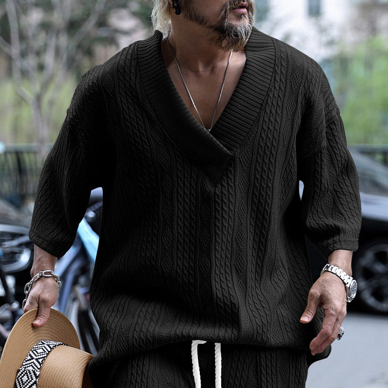 Damen nan weiter Kurzarm-Strickpullover mit Schalkragen und Zopfmuster Drune
