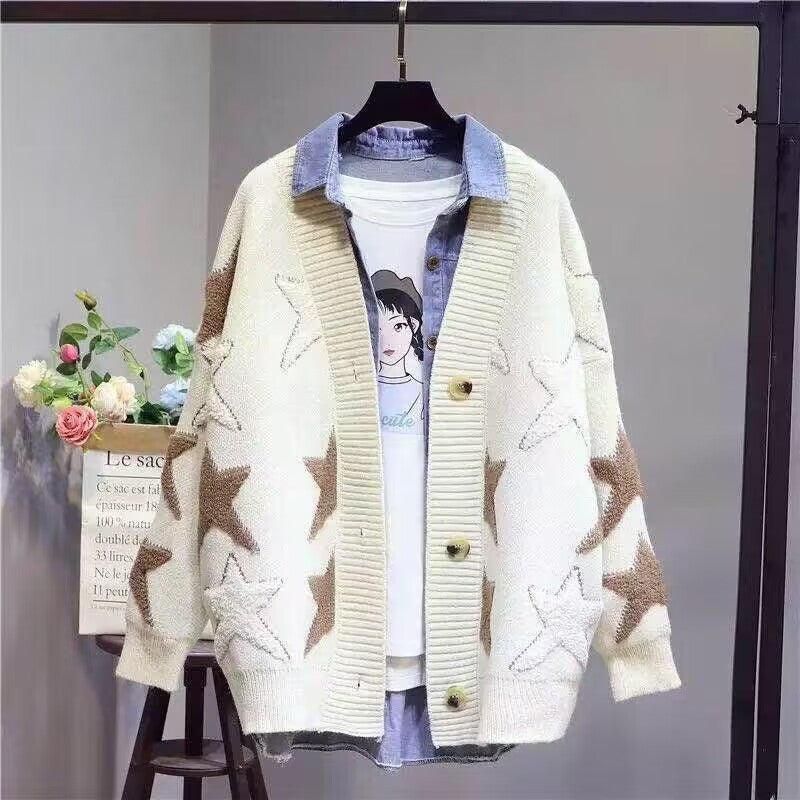 Damen Grobstrick-Cardigan mit Sternenmuster und tiefem V-Ausschnitt Drune