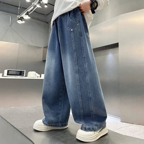 Damen lässige weite Denim-Hosen mit hohem Bund Drune