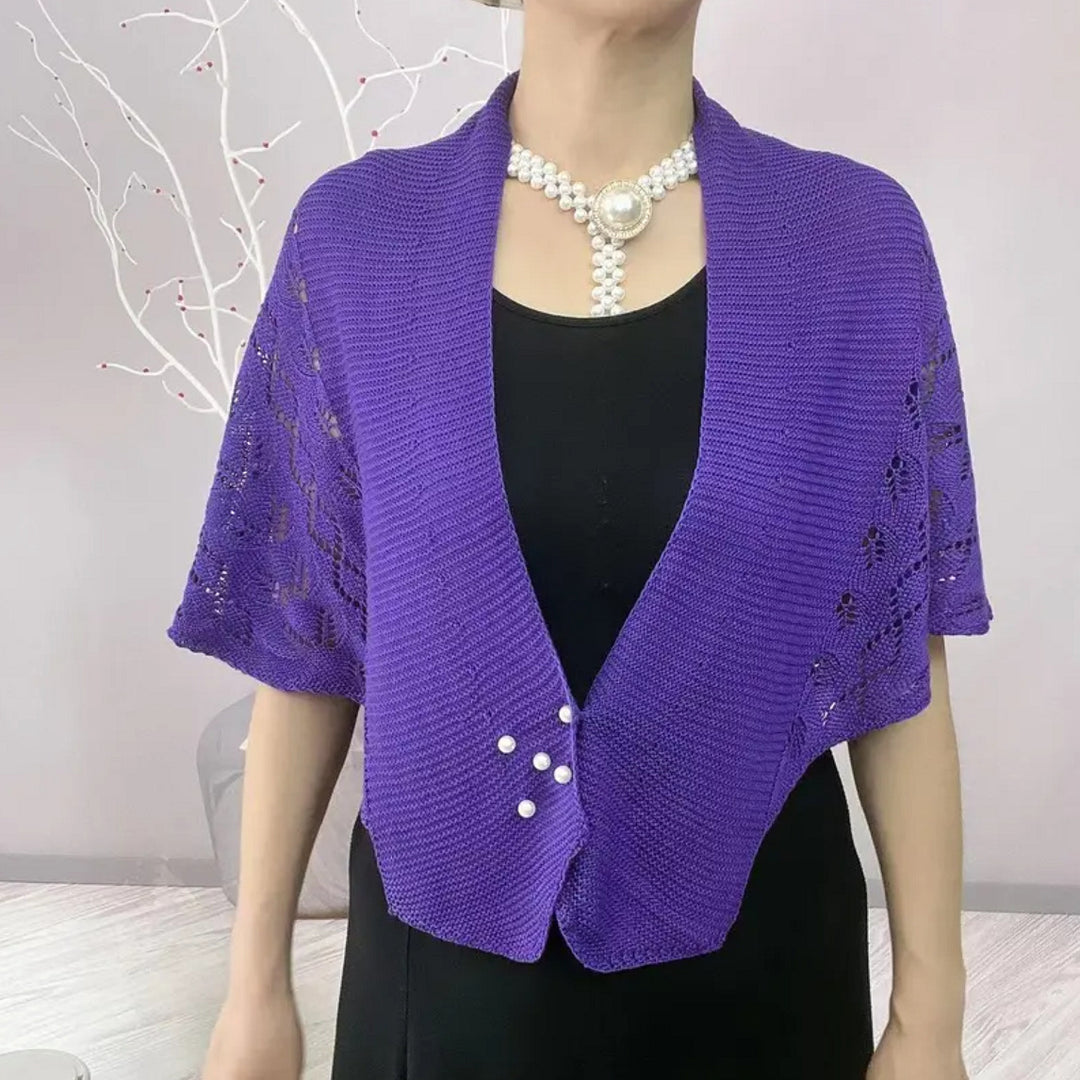 Damen elegante Strickjacke mit Spitzenmuster und Perlenknöpfen Drune