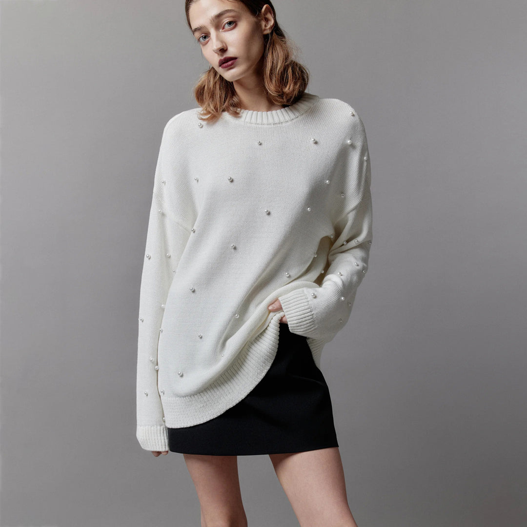 Damen Grobstrickpullover mit Perlenausschnitte Drune