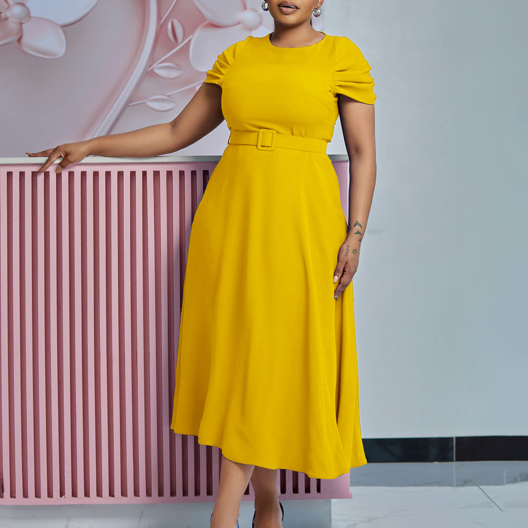 Damen Midi-Kleid mit elegantem Gummizug und schmalem Gürtel Drune