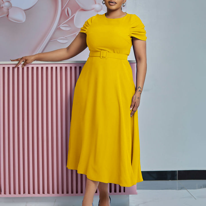 Damen Midi-Kleid mit elegantem Gummizug und schmalem Gürtel Drune