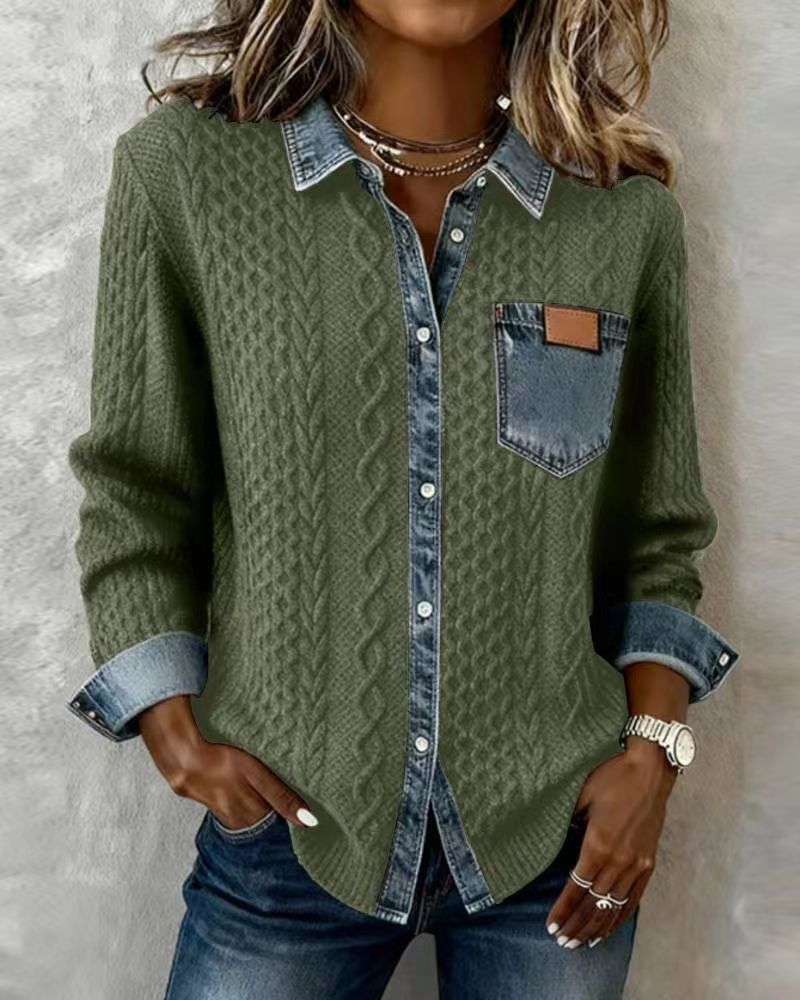 Damen nan geflochtener Strickpullover mit integriertem Jeanskragen und Brusttasche Drune