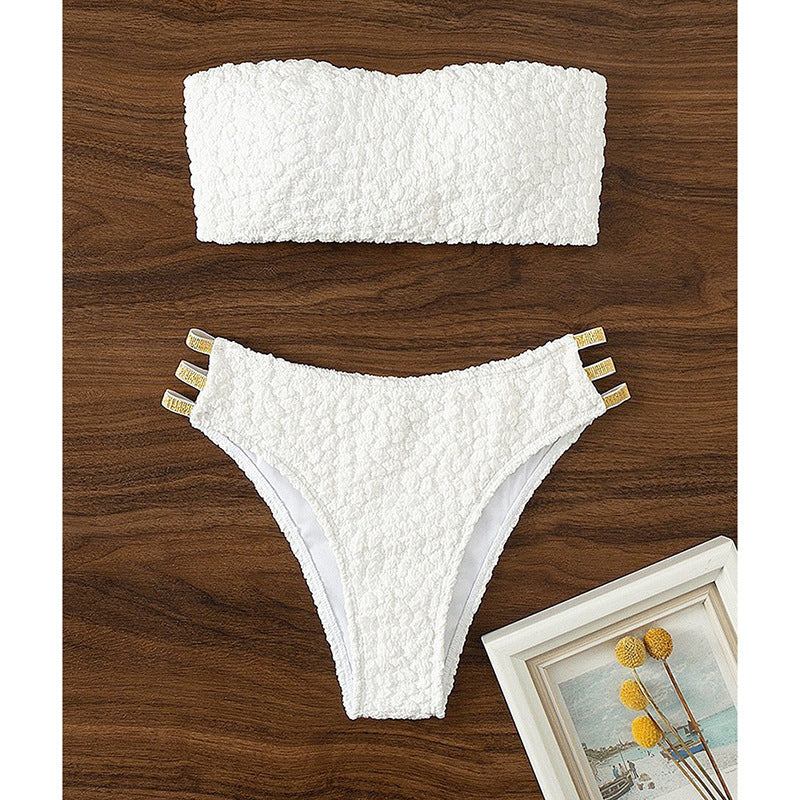 Damen Bandeau-Bikini mit dekorativen Riemen und strukturiertem Oberteil Drune