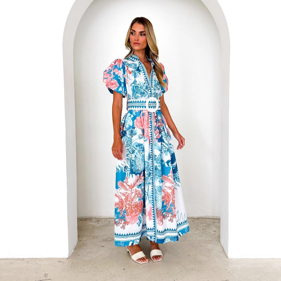 Damen Elegantes Maxikleid mit floralen Mustern und voluminösen Ärmeln Drune