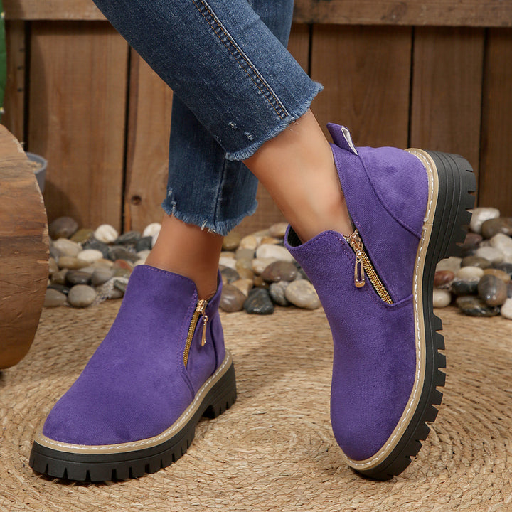 Damen nan knöchelhohe Stiefelette mit dekorativem Reißverschluss gepolstertem Schaft und robuster Profilsohle Drune