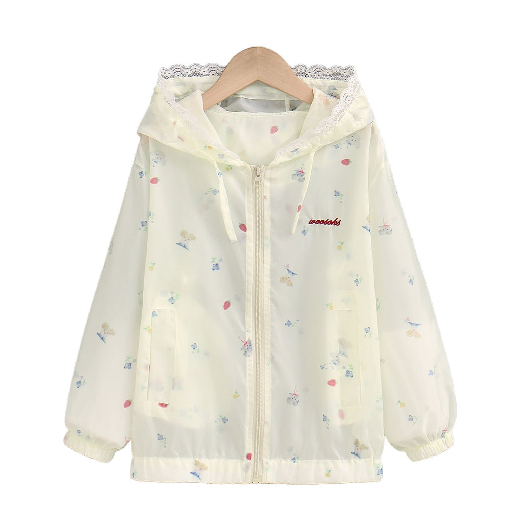 Damen nan leichte Kapuzen-Sommerjacke mit Spitzenbesatz, zartem Allover-Print und Reißverschluss Drune