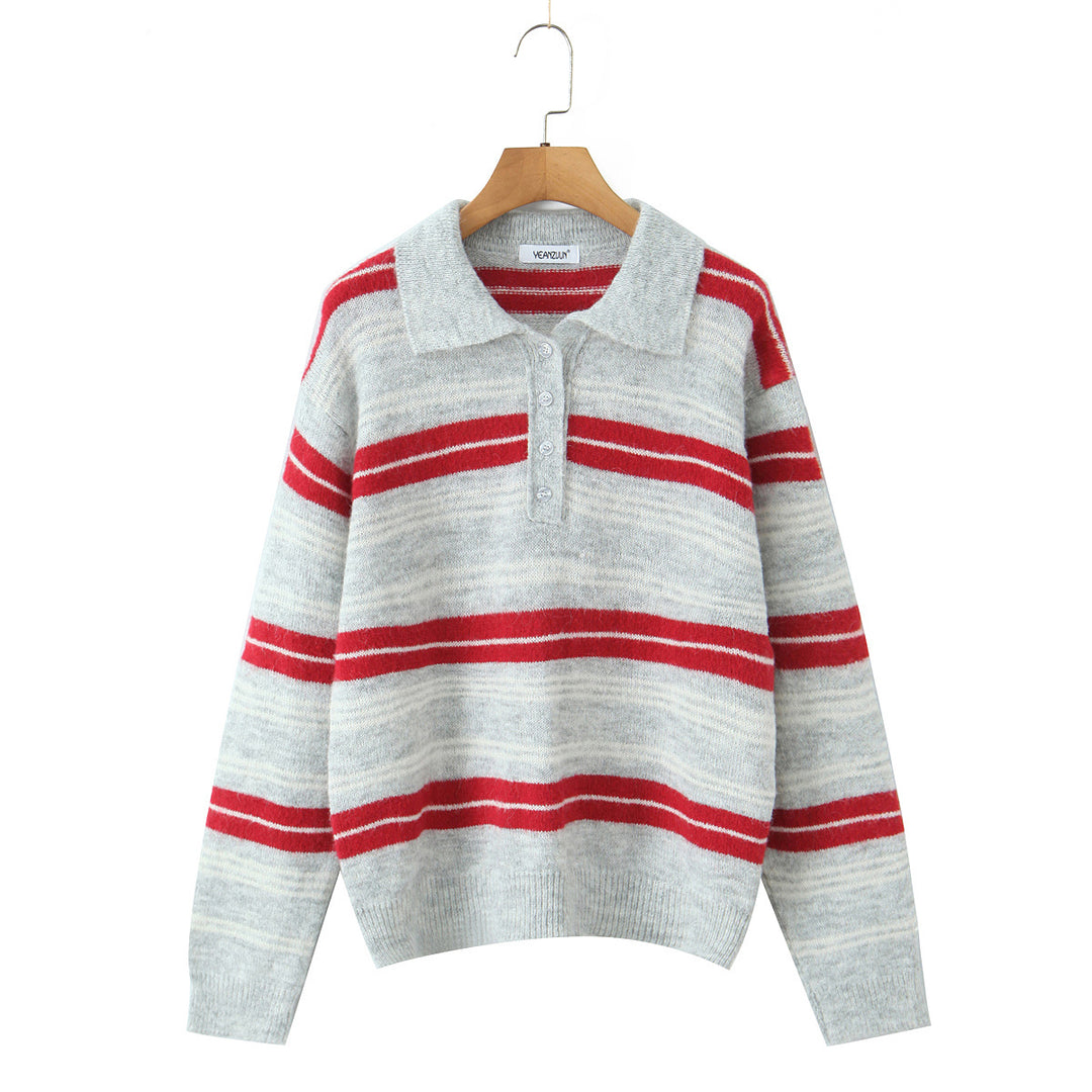 Damen modischer Strickpullover mit Polokragen und Streifenmuster Drune