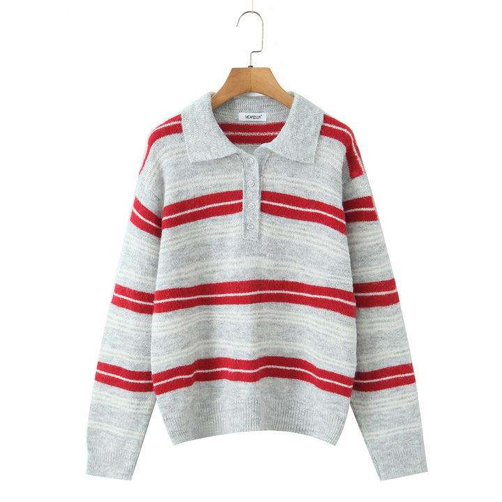 Damen modischer Strickpullover mit Polokragen und Streifenmuster Drune