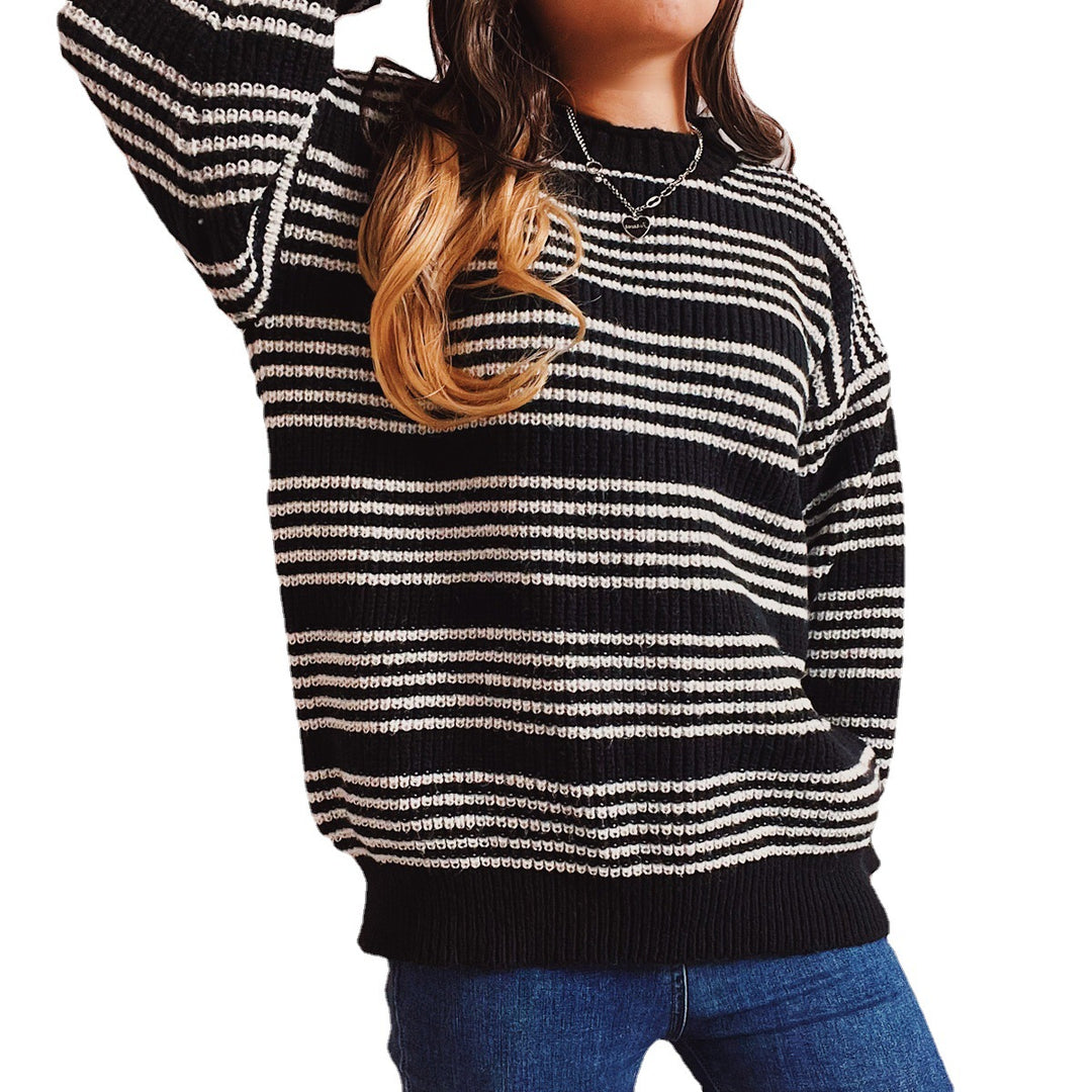Damen lässiger Strickpullover mit breiten Streifen und überschnittenen Schultern Drune