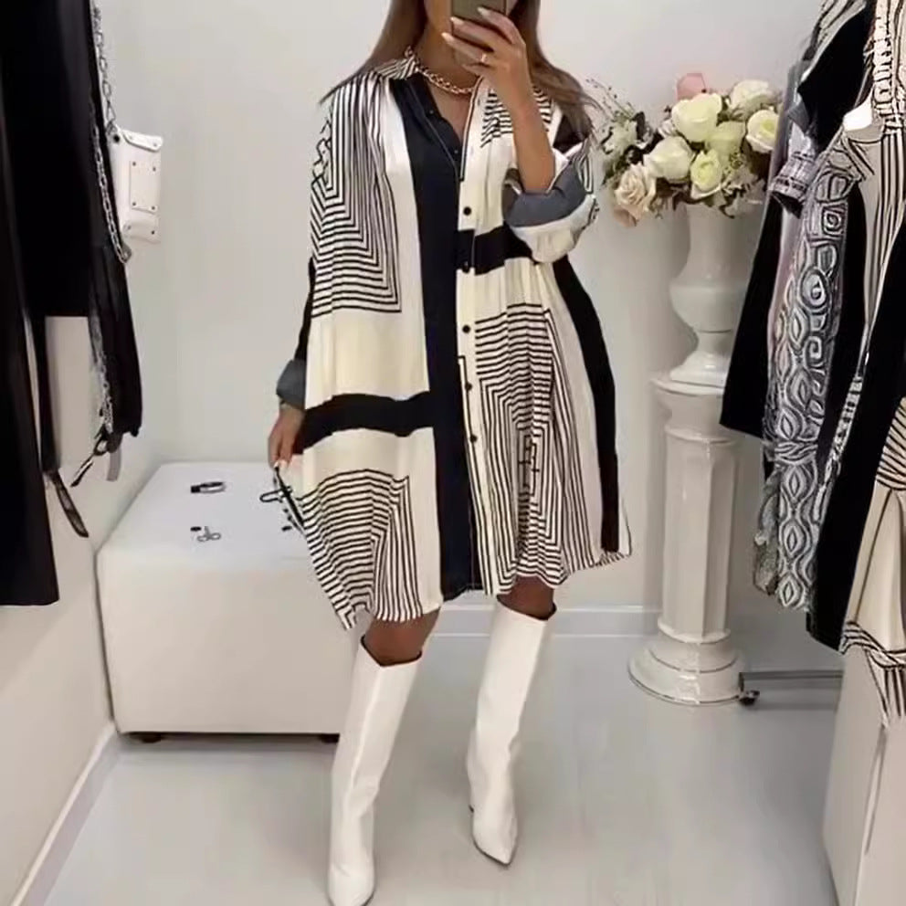 Damen Hemdblusenkleid mit grafischem Muster und voluminösen Ärmeln Drune