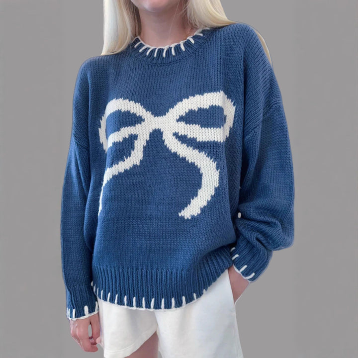 Damen lässiger Pullover mit kontrastierenden Schleifen-Detail und geripptem Saum Drune