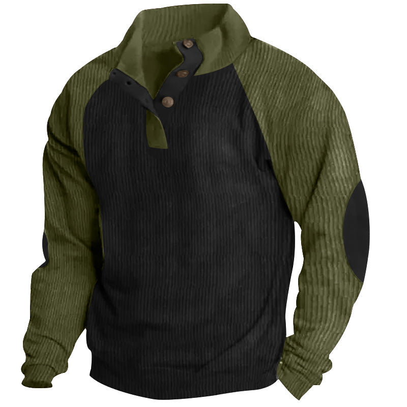 Herren nan strukturiertes Henley-Sweatshirt mit Stehkragen, Raglanärmeln und Ellbogenpatches Drune
