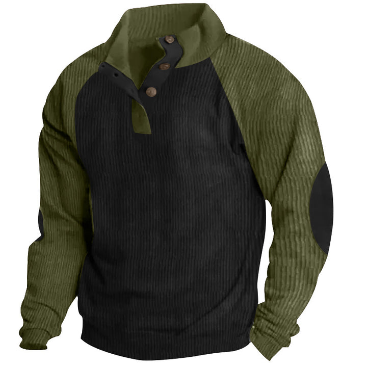 Herren nan strukturiertes Henley-Sweatshirt mit Stehkragen, Raglanärmeln und Ellbogenpatches Drune