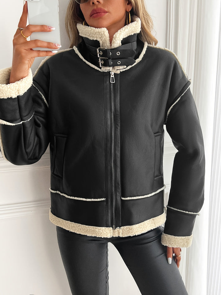 Damen stylische Kunstlederjacke mit Schaffellkragen Drune